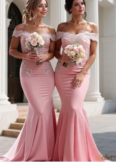 Pink Off-the-Shoulder Stretch Charmeuse Bridesmaid Dress | Mermaid Silhouette Gown