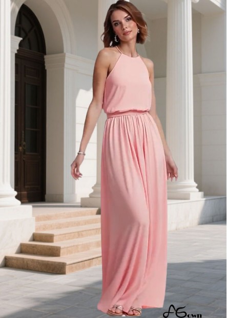 Pink Halter Neck Chiffon Bridesmaid Dress – Elegant A-Line Full Length Gown