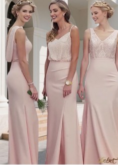 Elegant Pink Chiffon Bateau Neck Sheath Bridesmaid Dress for Wedding Party