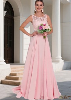 Pink Lace Chiffon Scoop Neck Sleeveless A-Line Bridesmaid Dress