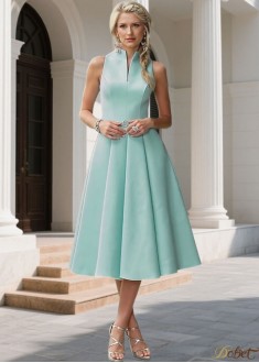 Elegant High Collar Satin Tea-Length Bridesmaid Dress – Classic Blue A-Line Wedding Party Gown