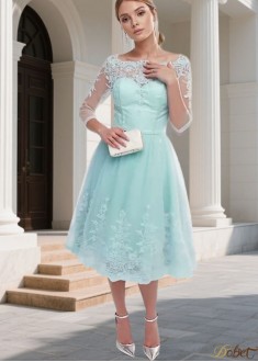 Tulle Bateau Neck Lace Bridesmaid Dress – Tea Length Party Gown
