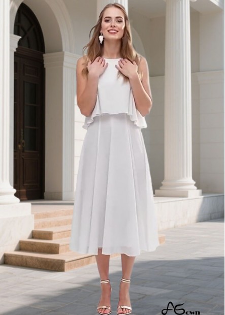 White Jewel Neck A-Line Bridesmaid Dresses Tea Length