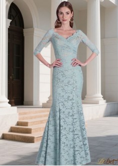 Blue Lace V-Neck Full Length Sheath Bridesmaid Dresses UK