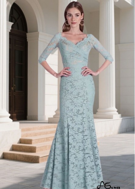 Blue Lace V-Neck Full Length Sheath Bridesmaid Dresses UK