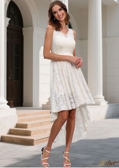 Elegant White Lace V-Neck High Low Bridesmaid Dress for Wedding Party
