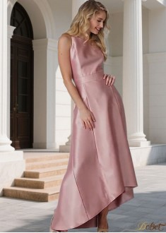 Elegant Taffeta Jewel Neck High Low Bridesmaid Dress Asymmetric A-Line Wedding Party Gown