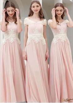 Pink V-Neck Chiffon Bridesmaid Dress – Elegant Full Length A-Line Wedding Party Gown