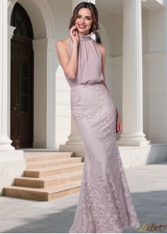 High Collar Chiffon & Lace Bridesmaid Dress – Full Length Sheath Gown
