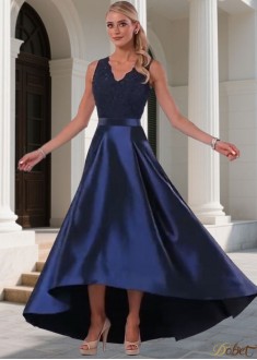 Elegant Lace & Taffeta V-Neck Hi-Lo Bridesmaid Dress | Blue A-Line Sleeveless Gown