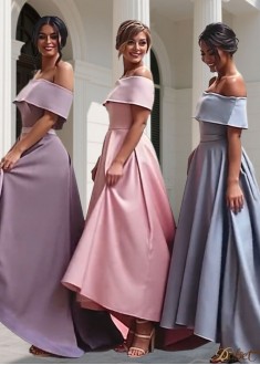 Elegant Off The Shoulder Satin High Low Bridesmaid Dress for Wedding Party