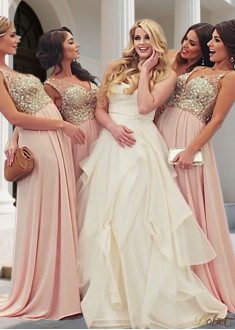 Elegant V-Neck Tulle Chiffon A-Line Full Length Bridesmaid Dress