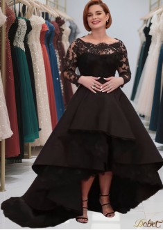 Black Bateau Neck Hi-Lo Evening Dress with Train – Tulle & Satin A-Line Gown