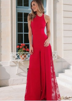Red Halter Floor Length Evening Suits For Women Straight Silhouette UK