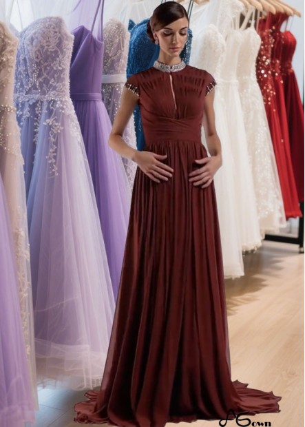 Chiffon High Collar Evening Dresses – A Line Formal Gowns With Beading