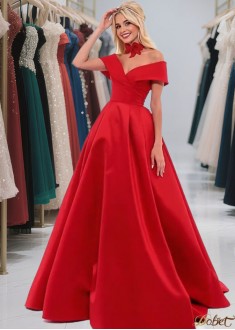 Elegant Red Satin Off-the-Shoulder A-Line Evening Dress with Pleated Floor-Length Skirt