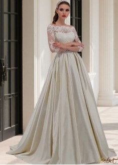 Off-the-Shoulder 3/4 Sleeves A-Line Tulle Satin Wedding Dress with Beading