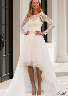 Bateau Neckline Lace Tulle 2 in 1 Wedding Dress with Long Illusion Sleeves