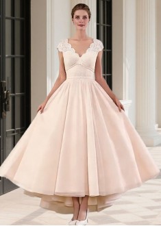 Short V-Neck Tulle Satin A-Line Wedding Dress