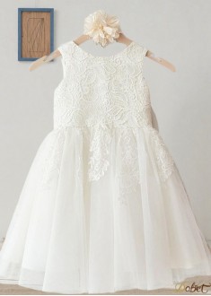 White Tulle & Satin Flower Girl Dress – Knee-Length A-Line Gown