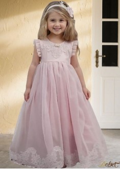 Cheap Pink Organza & Satin Flower Girl Dress – Floor-Length A-Line Gown