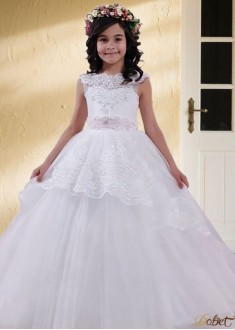 White Tulle & Satin Flower Girl Dress – Floor-Length Ball Gown for Weddings