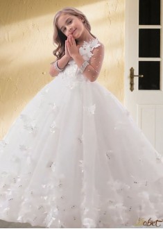 White Tulle & Lace Ball Gown Flower Girl Dress – Elegant Wedding Outfit White Tulle & Lace Ball Gown Flower Girl Dress – Elegant Wedding Outfit