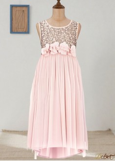Pink Sequin Chiffon Tea Length Flower Girl Dress – Elegant Party Look