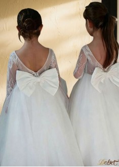 White Lace & Tulle Flower Girl Dress – Floor Length Ball Gown