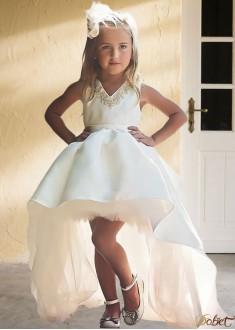 White Hi-Lo Tulle Satin Ball Gown Flower Girl Dress