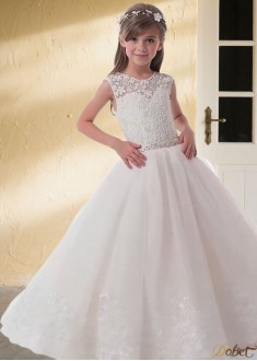 White Lace & Tulle Flower Girl Dresses UK – A Line Ball Gown