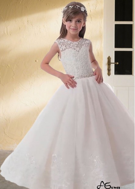 White Lace & Tulle Flower Girl Dress – Floor-Length Ball Gown