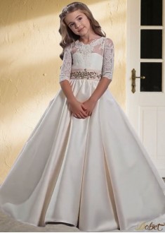 Tulle & Satin Flower Girl Dress with Short Sleeves – Best A Line Gowns