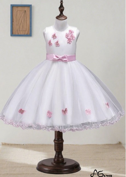White Tulle & Lace Flower Girl Dress – Tea-Length Ball Gown