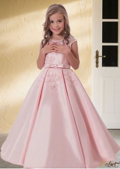 Pink Satin Ball Gown Floor-Length Flower Girl Dress with Appliques