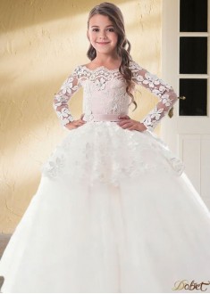White Lace & Tulle Ball Gown Flower Girl Dress