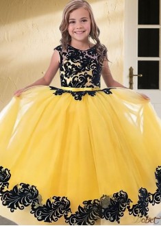 Yellow Tulle Ball Gown Flower Girl Dress – Elegant Floor-Length Princess Style