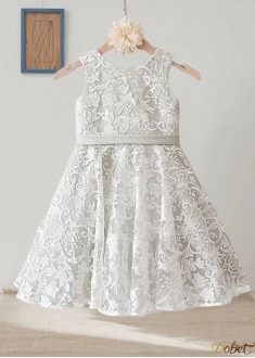 Lace Satin A-Line Knee-Length Flower Girl Dress