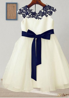 Tulle & Satin A Line Knee Length Flower Girl Dress for Weddings with Appliques