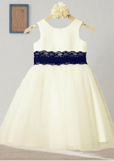 White Satin & Lace Flower Girl Dress — Knee-Length A-Line