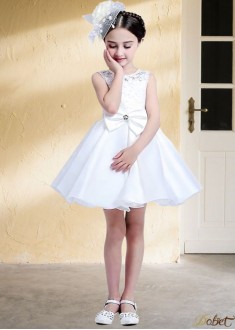 White Organza Lace Ball Gown Flower Girl Dress – Short Mini Princess Style