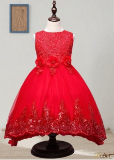 Red Lace and Tulle Ball Gown Flower Girl Dresses Elegant