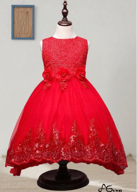 Red Lace and Tulle Ball Gown Flower Girl Dress Elegant Floor Length