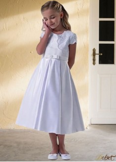 White Satin A-Line Flower Girl Dress – Elegant Tea-Length Girl’s Wedding Dress