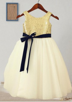 Sequin Tulle Flower Girl Dresses with Sash – A Line Gowns