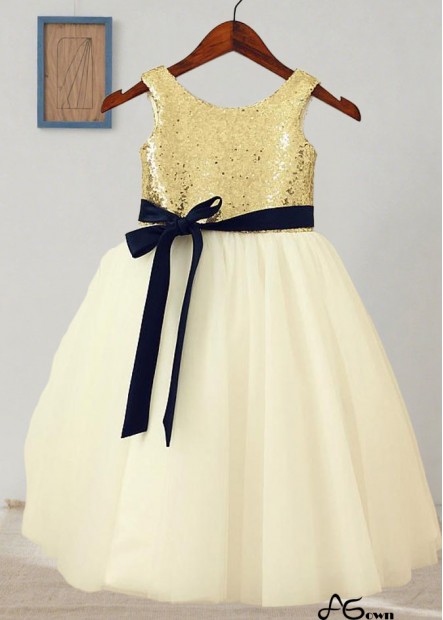 Sequin Tulle Flower Girl Dresses with Sash – A Line Gowns