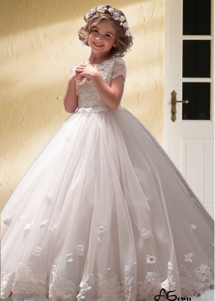 White Tulle & Lace Flower Girl Dress – Floor-Length Ball Gown