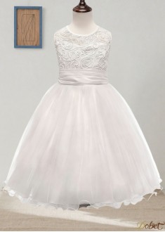 White Lace Tulle A-Line Floor-Length Flower Girl Dress