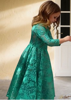 Green Lace A-Line Flower Girl Dress – Elegant Wedding & Party Gown for Girls