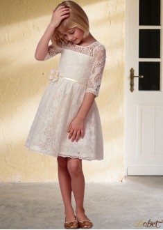 White Lace & Satin A-Line Knee-Length Flower Girl Dress – Classic Wedding Outfit